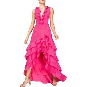 Sau Lee Women’s Tatjana Pink Cascade Ruffle Hi-Low Evening Dress Size 8